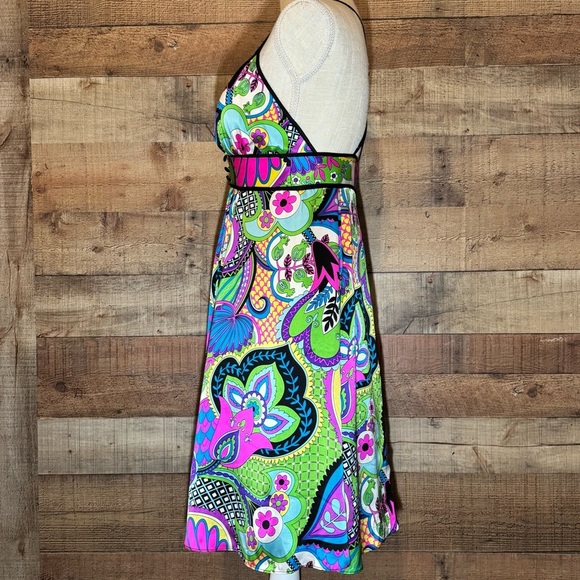 🌻 Boston Proper Silk Dress sz Small Y2K Abstract Psychedelic Retro Bright Party - Picture 2 of 10